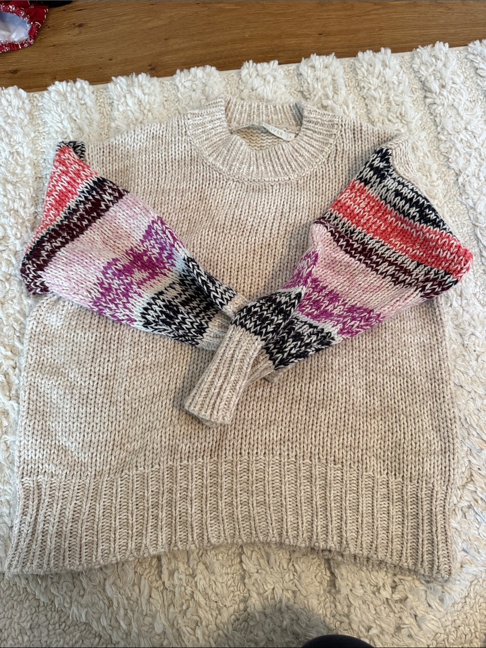 Marie Oliver Cream Crewneck Sweater with Pink & Black Patterned Sleeves